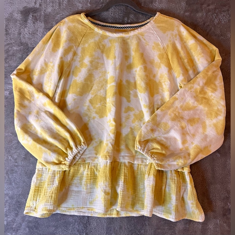 Yellow Tie-Dye Ruffle Hem Women's Sweatshirt 100% Cotton Size Medium